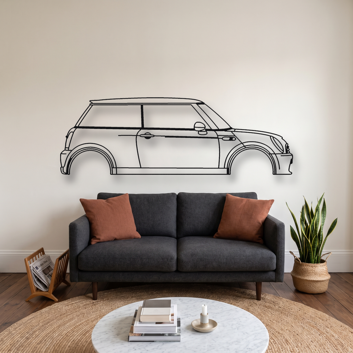 Mini Cooper S R53 metal wall art silhouette, front view on wall
