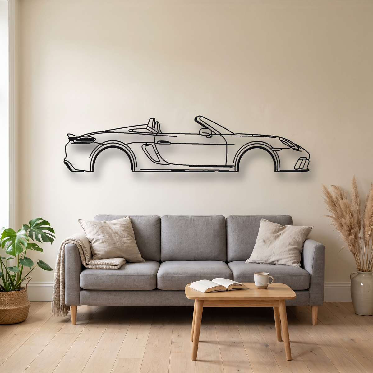 Porsche 718 Spyder 982 metal wall art silhouette, front view on wall
