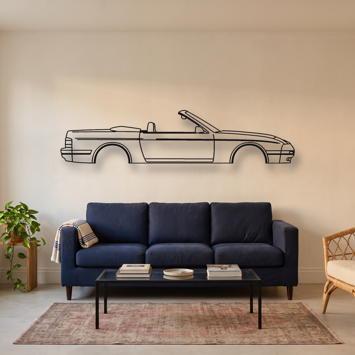 Mazda RX-7 Convertible FC metal wall art silhouette, front view on wall
