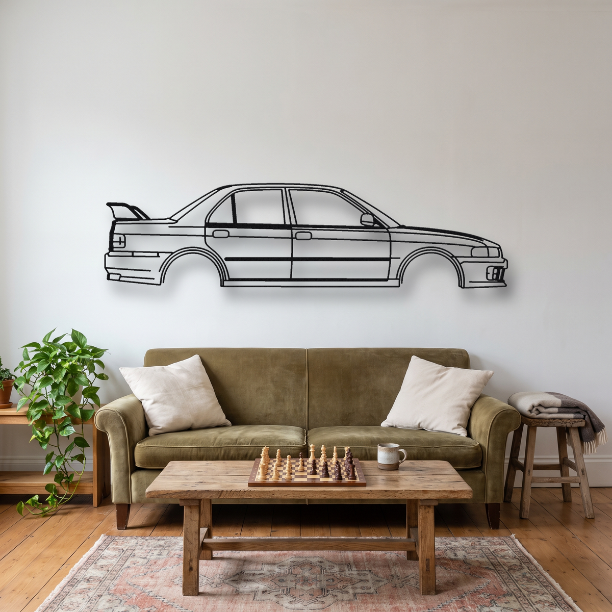 Mitsubishi Lancer 1600 GSR metal wall art silhouette, front view on wall