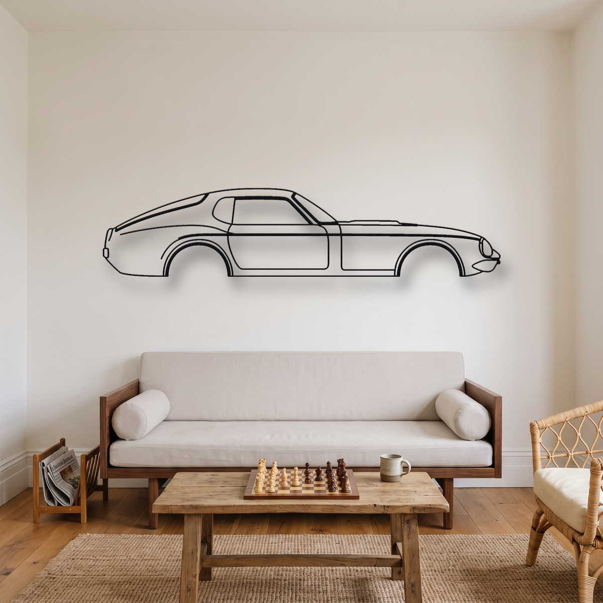 Shelby Daytona Coupe metal wall art silhouette, front view on wall
