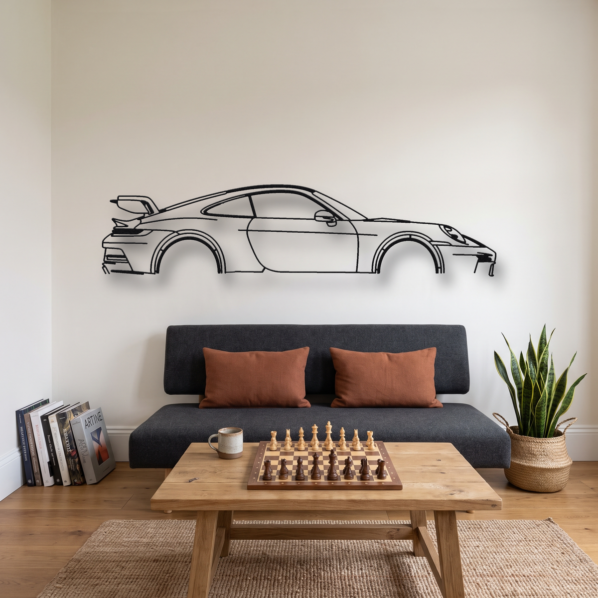 Porsche 911 GT3 992.2 metal wall art silhouette, front view on wall