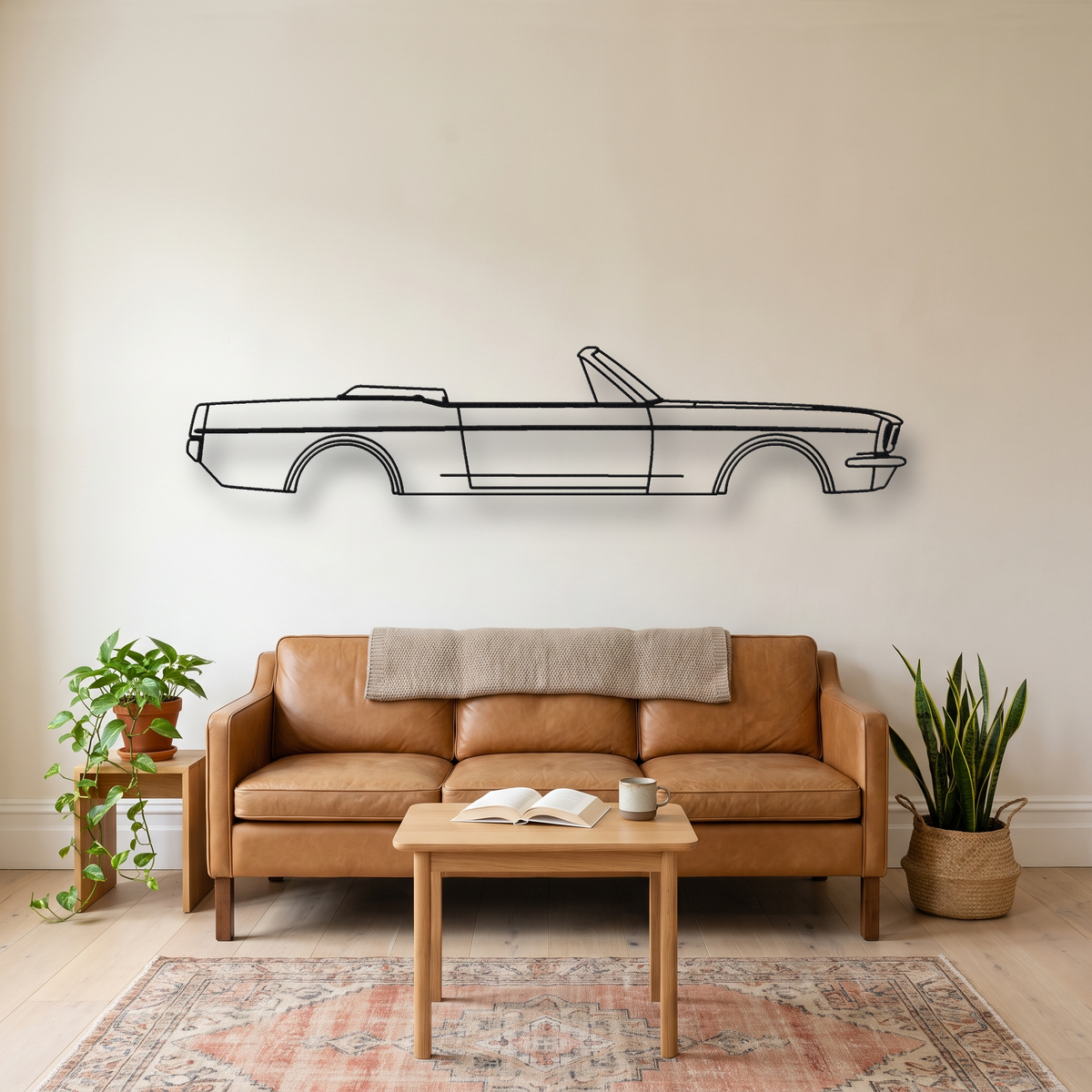 1965-1966 Ford Mustang Convertible metal wall art silhouette, front view on wall
