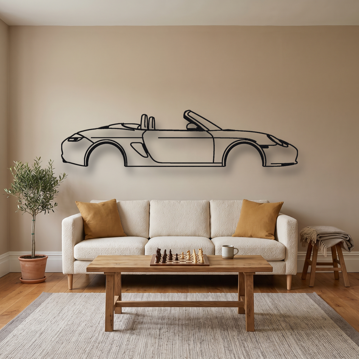 2005-12 Porsche Boxster S 987 metal wall art silhouette, front view on wall