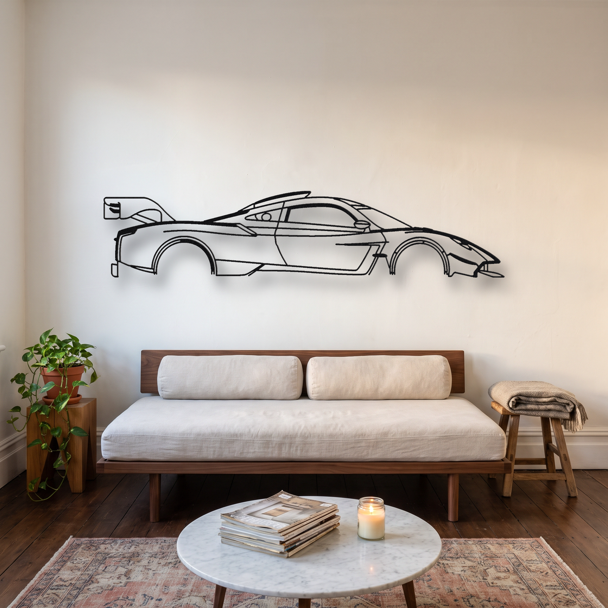 Pagani Huayra R Evo metal wall art silhouette, front view on wall