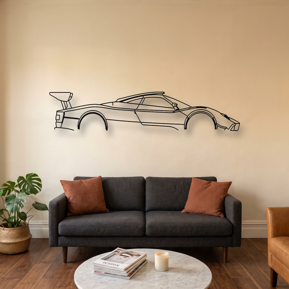 Pagani Zonda R metal wall art silhouette, front view on wall