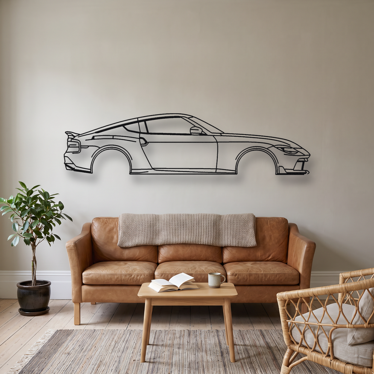 Nissan Z Nismo RZ34 metal wall art silhouette, front view on wall