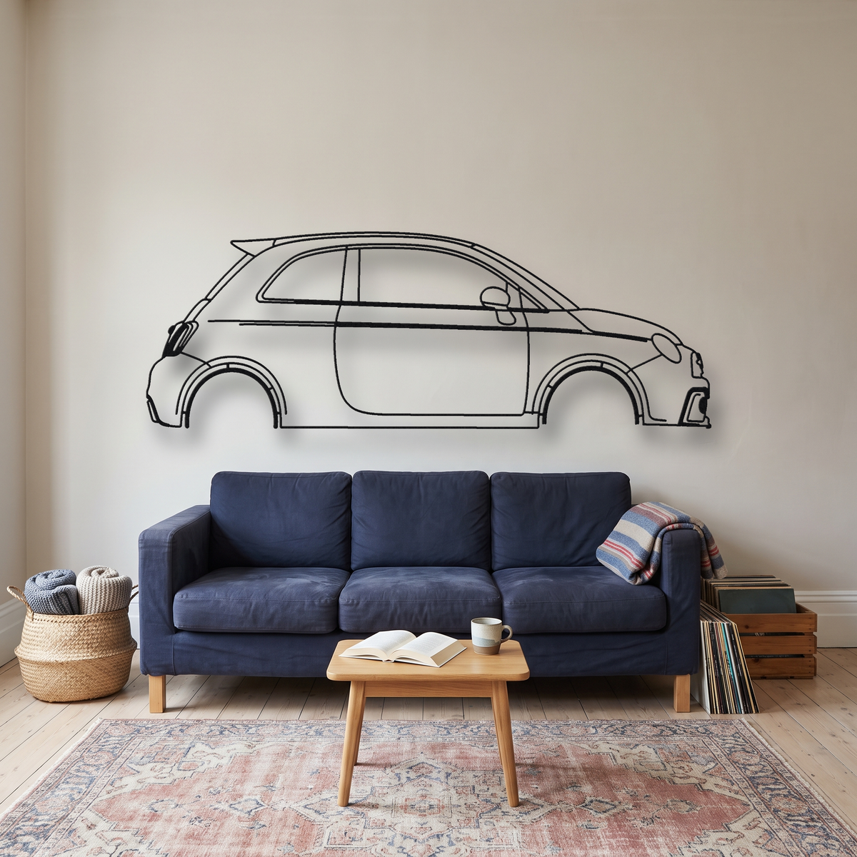 Fiat 500 Abarth metal wall art silhouette, front view on wall