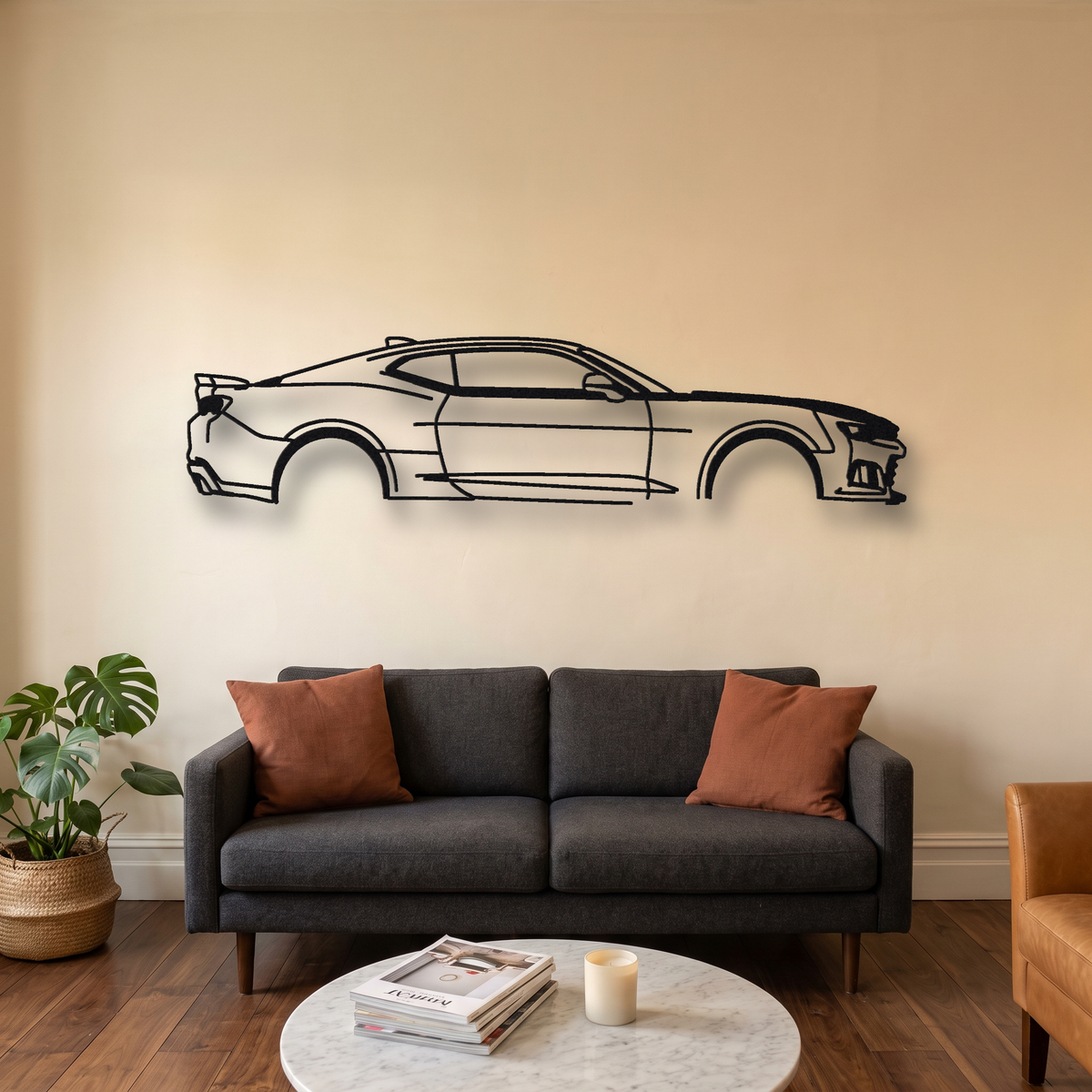 2017-24 Chevrolet Camaro SS 1LE Gen 6 metal wall art silhouette, front view on wall