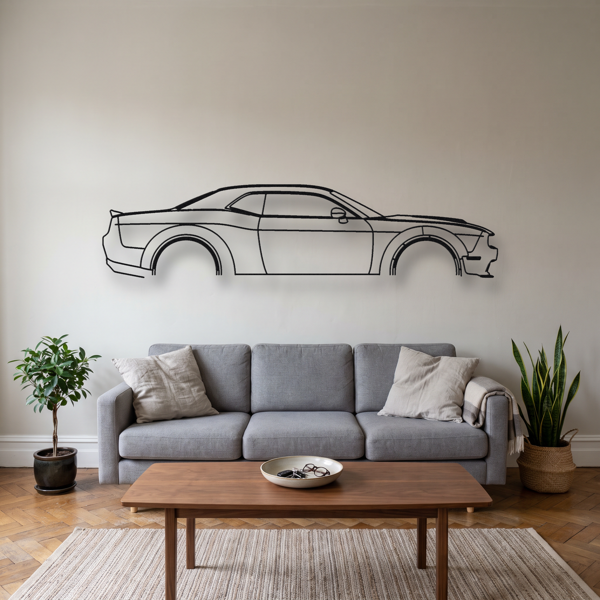 Dodge Challenger SRT Hellcat LA Widebody metal wall art silhouette, front view on wall