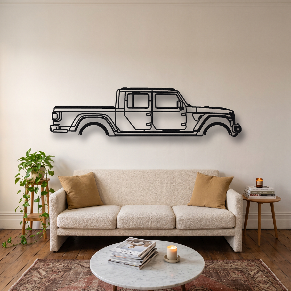 2020- Jeep Gladiator Mojave JT metal wall art silhouette, front view on wall