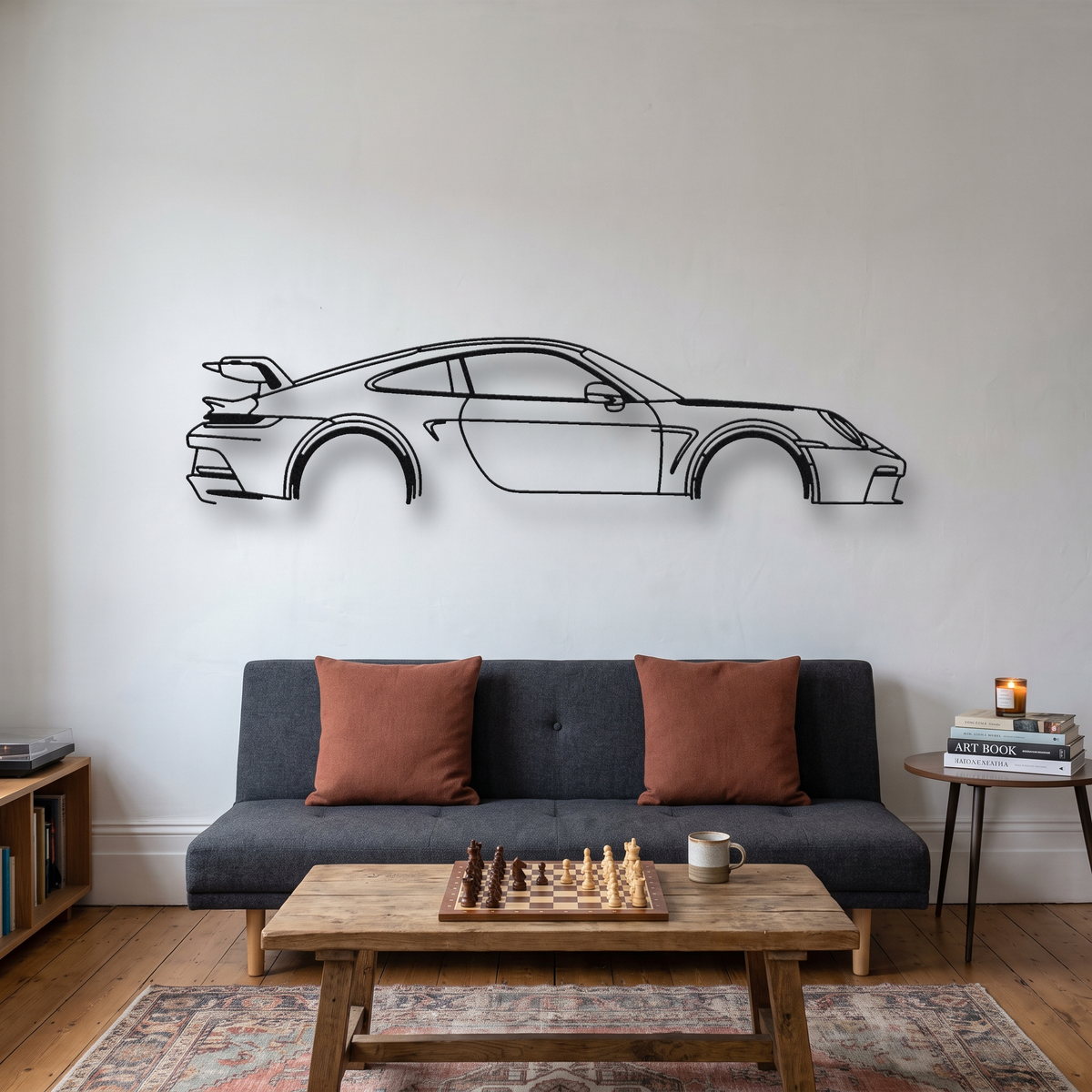 Porsche 911 GT3 992.1 metal wall art silhouette, front view on wall