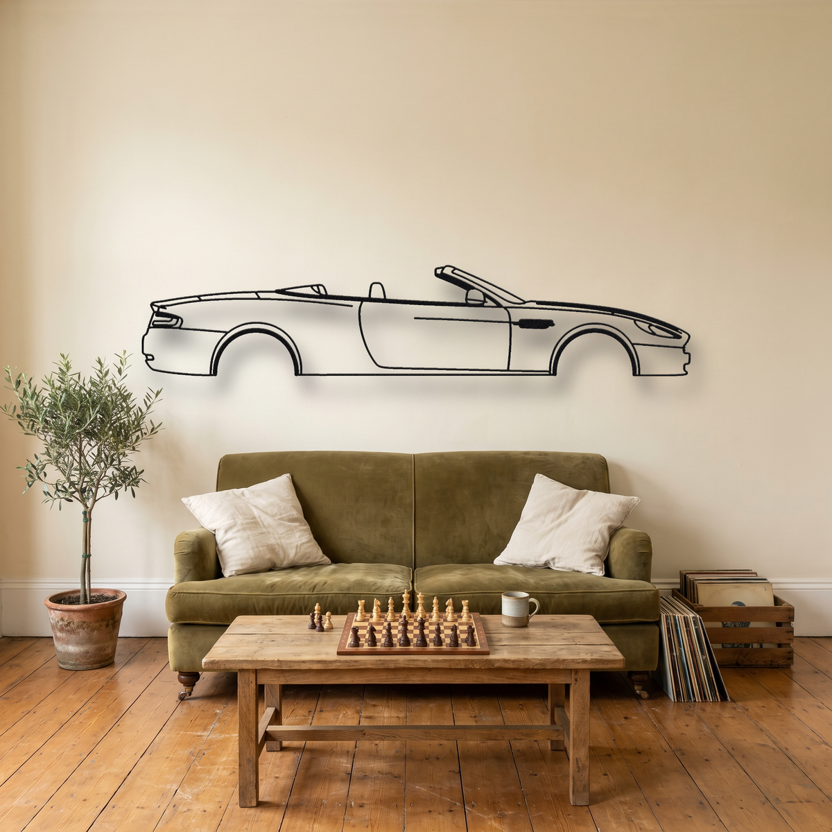 Aston Martin DB9 Volante metal wall art silhouette, front view on wall