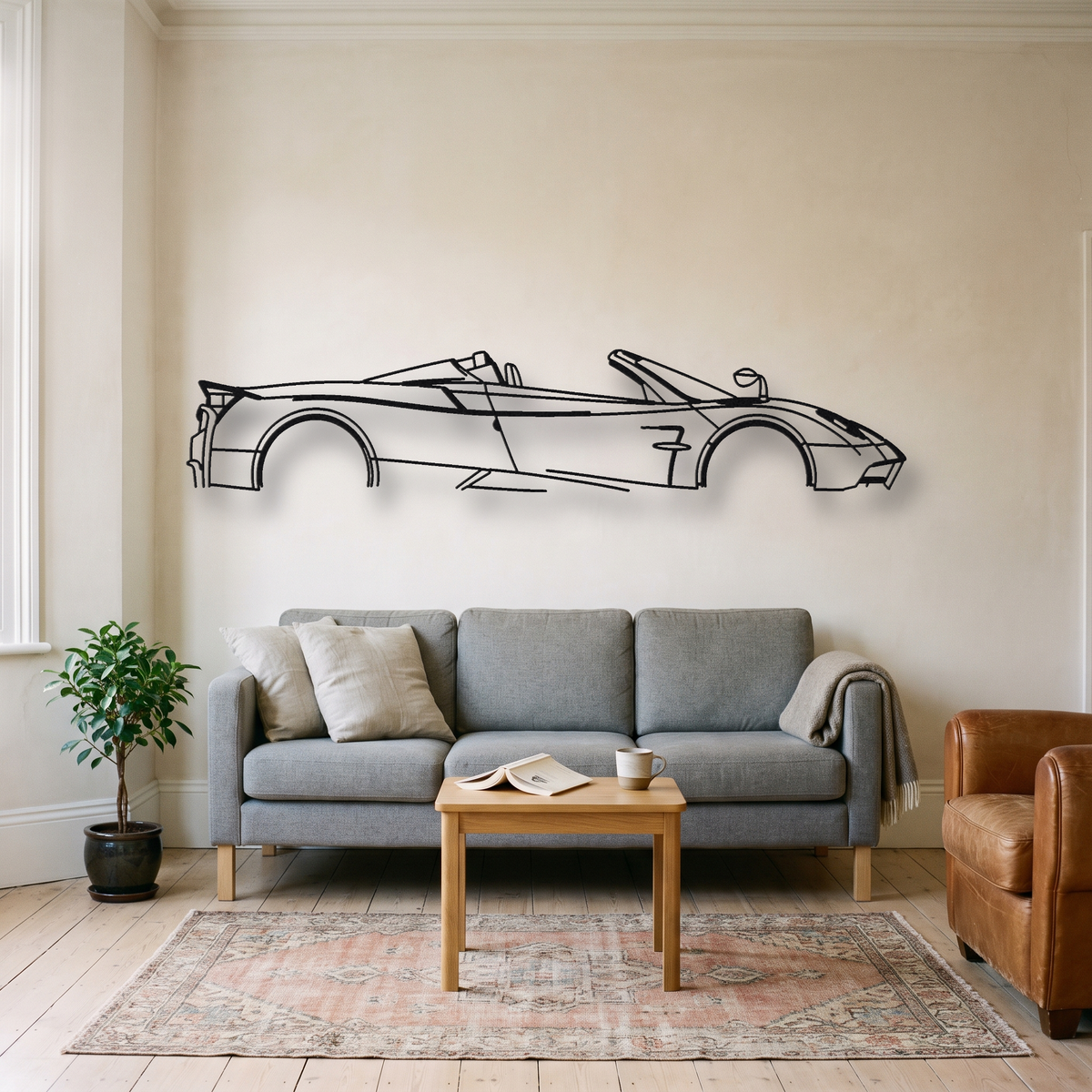 Pagani Huayra Roadster metal wall art silhouette, front view on wall