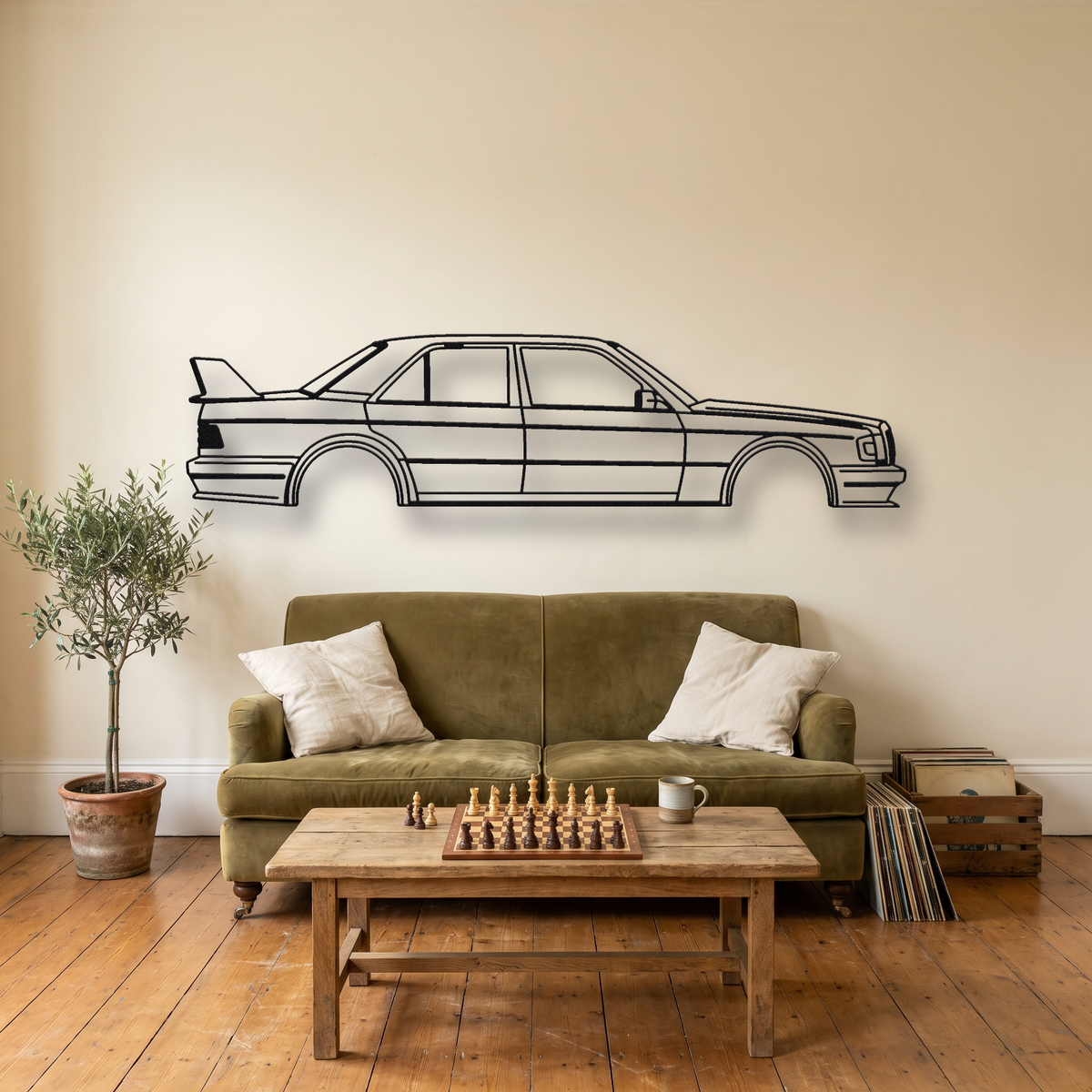 Mercedes-Benz 190E 2.5-16 Evolution II W201 metal wall art silhouette, front view on wall