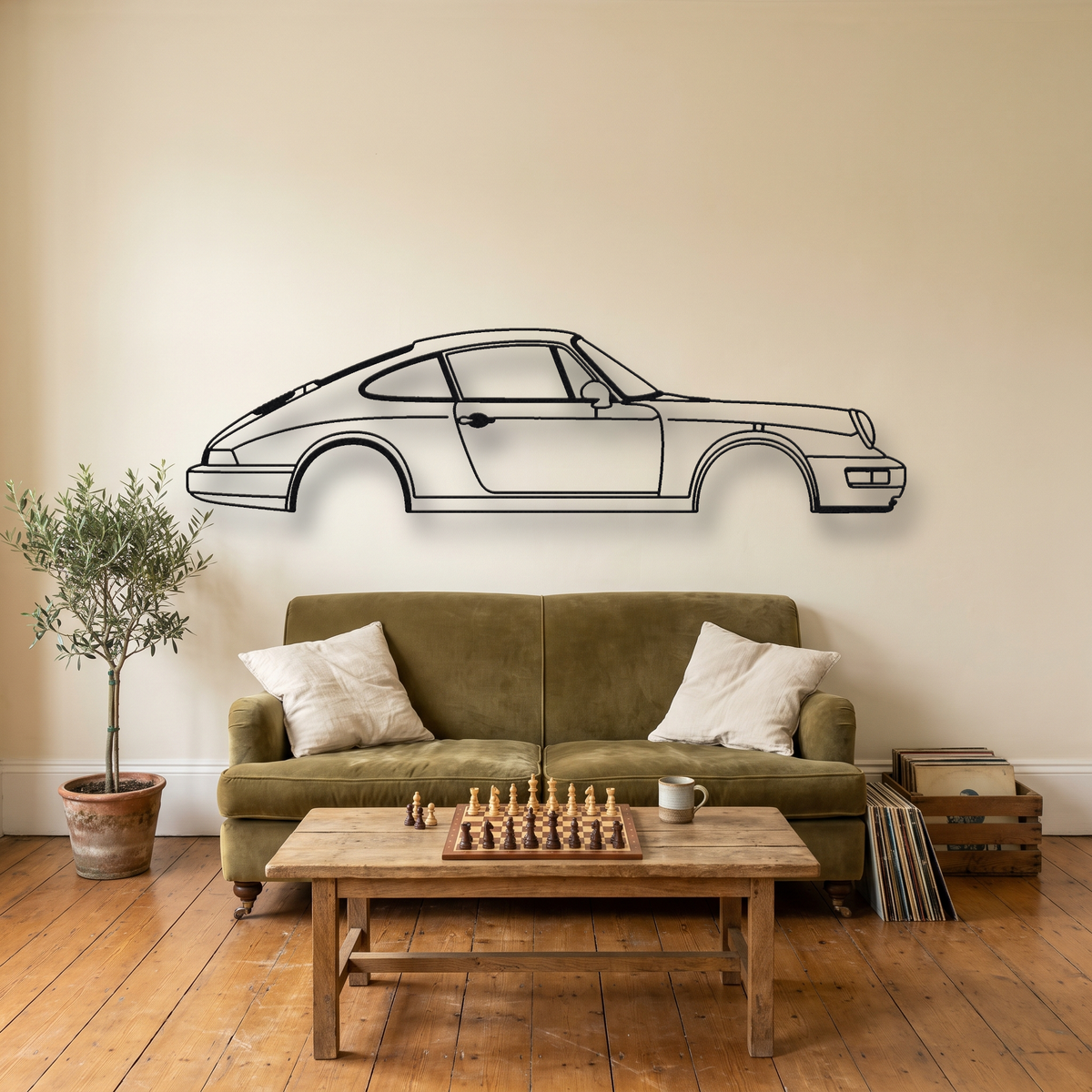 Porsche 911 Carrera 964 metal wall art silhouette, front view on wall