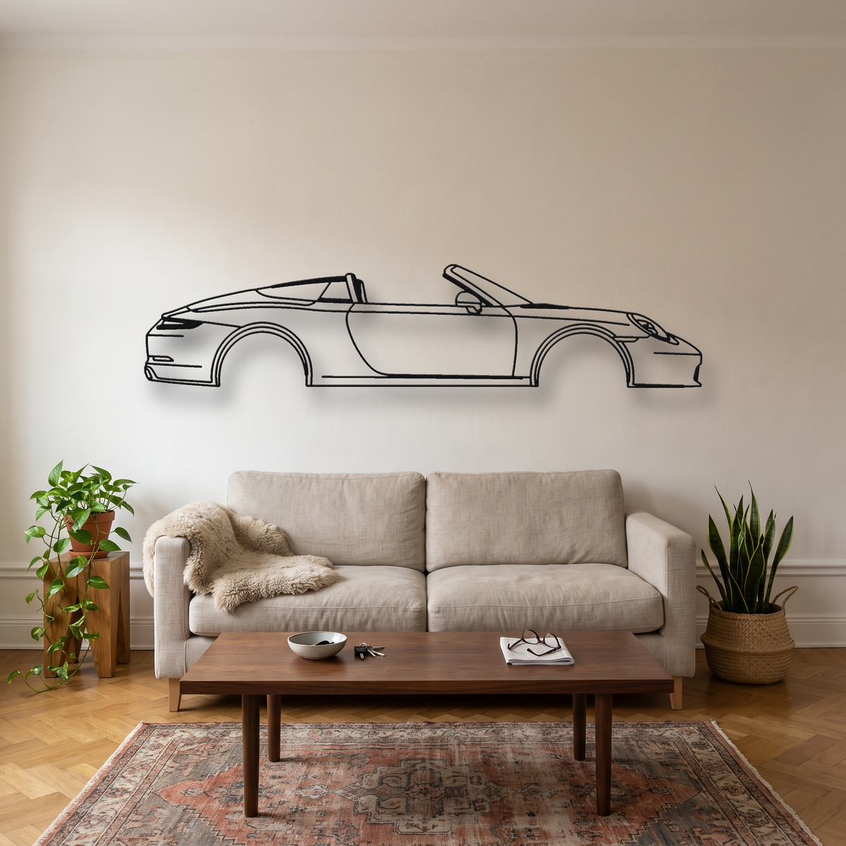Porsche 911 Speedster 991 metal wall art silhouette, front view on wall