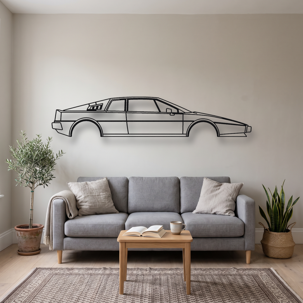 Lotus Esprit S1 metal wall art silhouette, front view on wall