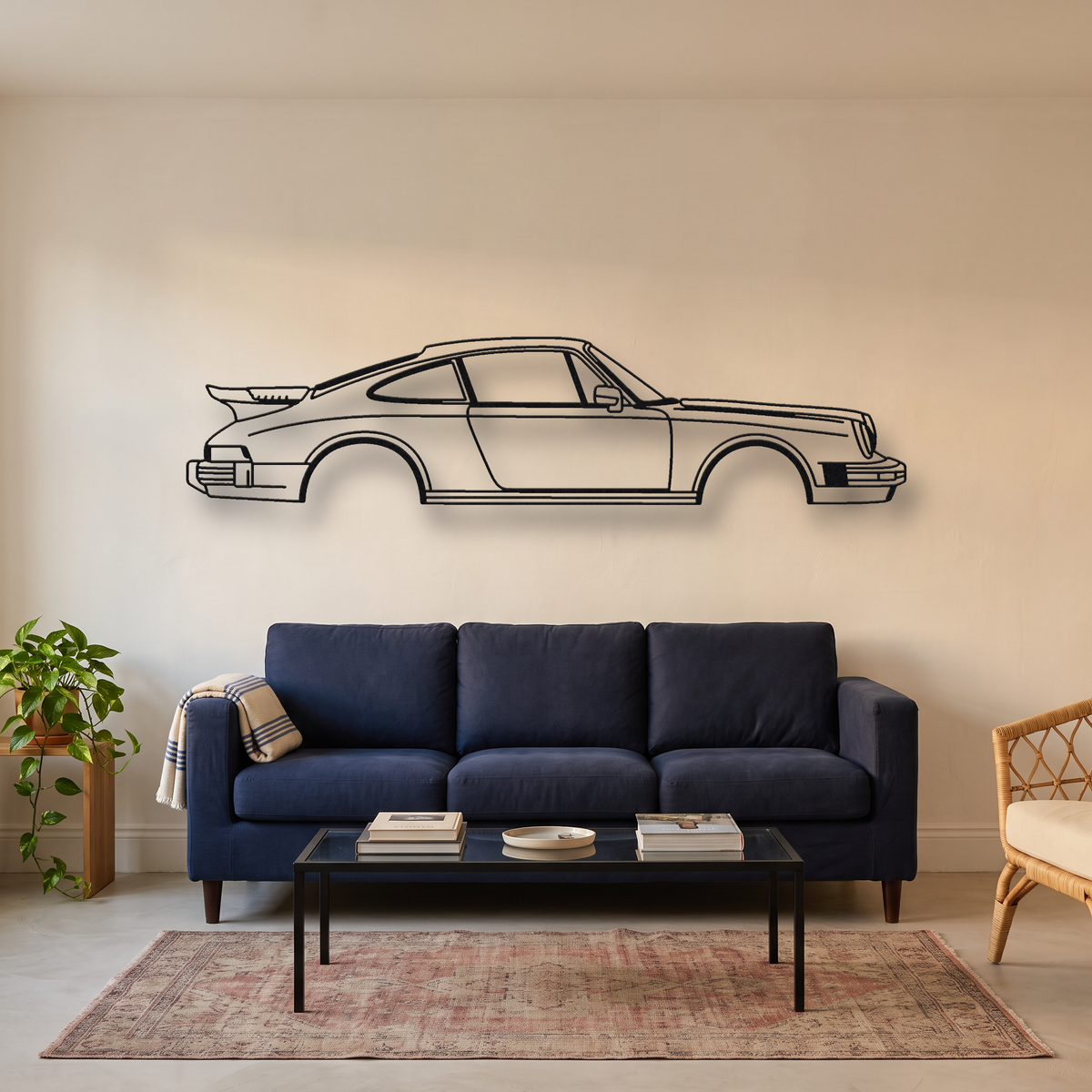 Porsche 930 Turbo Flachbau metal wall art silhouette, front view on wall