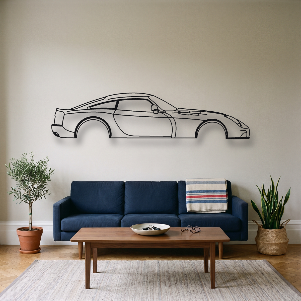 TVR Sagaris metal wall art silhouette, front view on wall