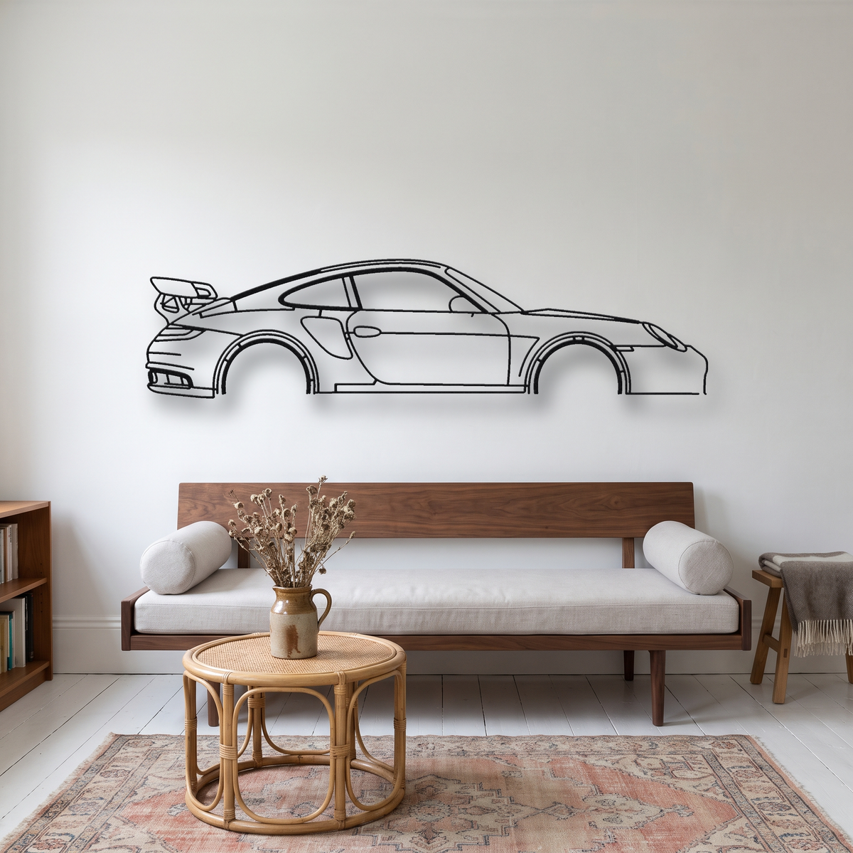 Porsche 911 GT2 RS 997 metal wall art silhouette, front view on wall