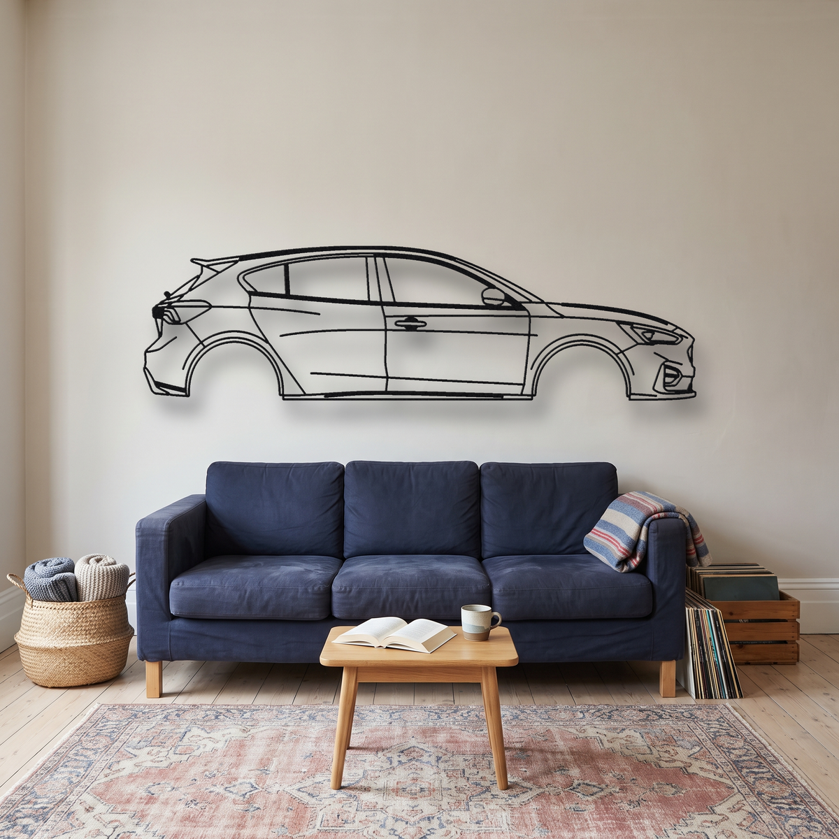 Ford Focus ST MK4 metal wall art silhouette, front view on wall