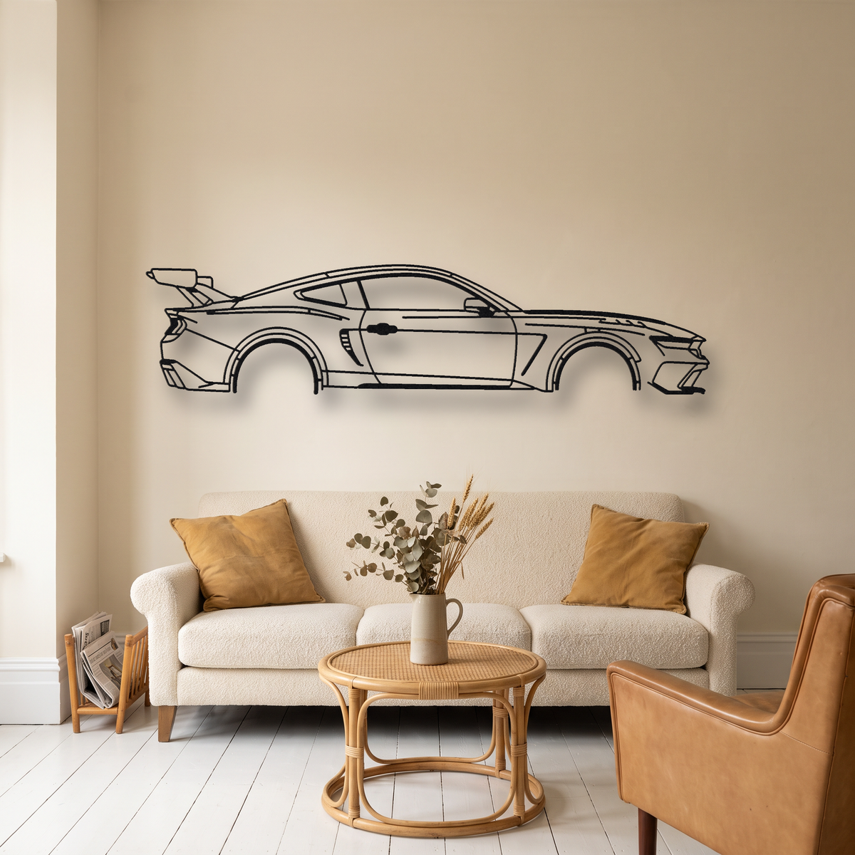 Ford Mustang GTD metal wall art silhouette, front view on wall