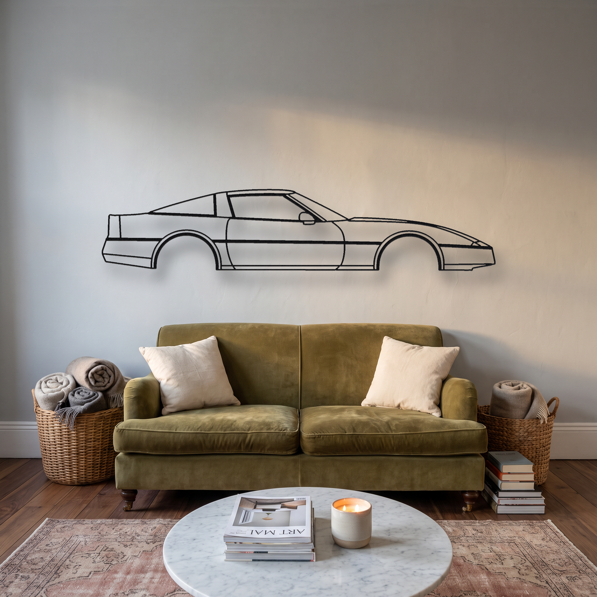 Chevrolet Corvette C4 metal wall art silhouette, front view on wall