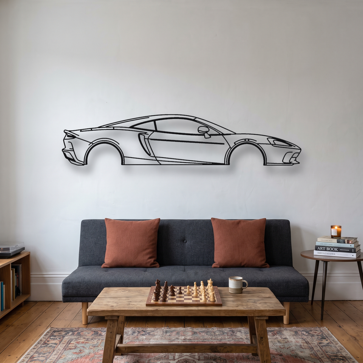 McLaren GTS metal wall art silhouette, front view on wall