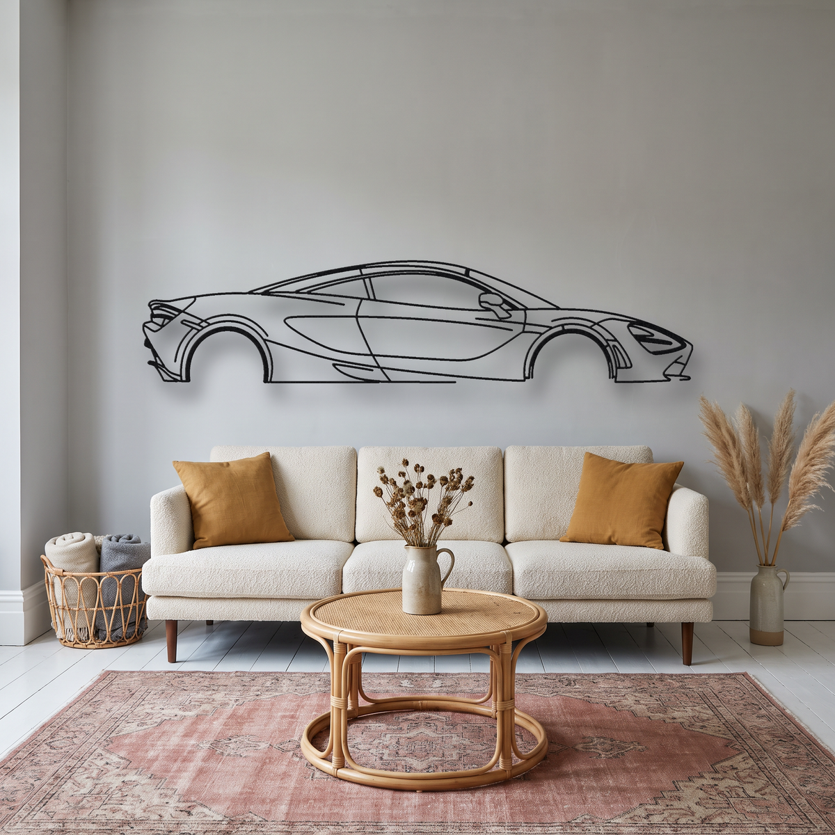 McLaren 720S metal wall art silhouette, front view on wall