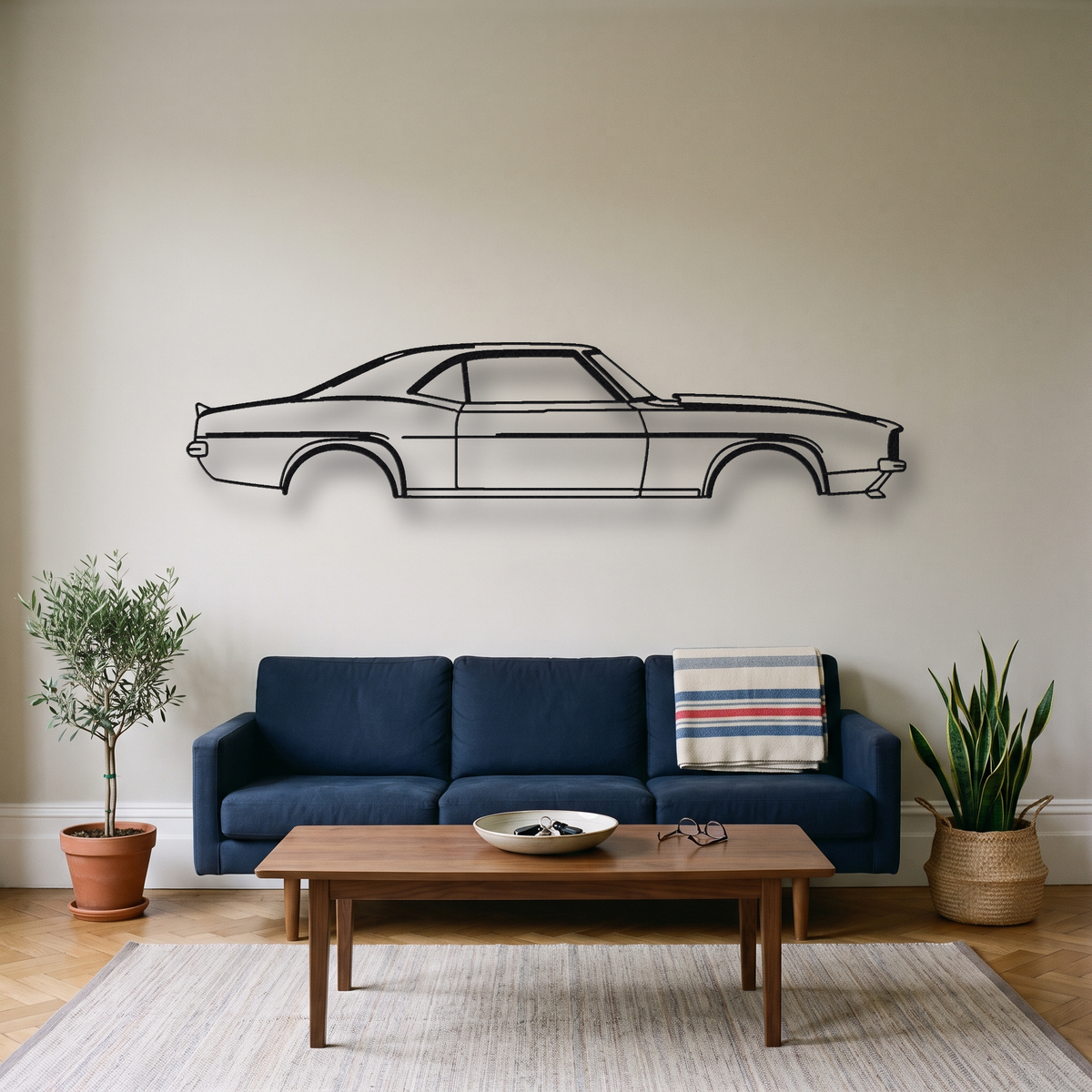 1969 Chevrolet Camaro metal wall art silhouette, front view on wall