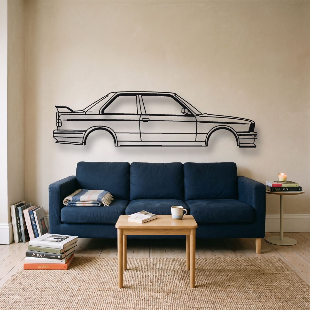 BMW M3 E30 metal wall art silhouette, front view on wall