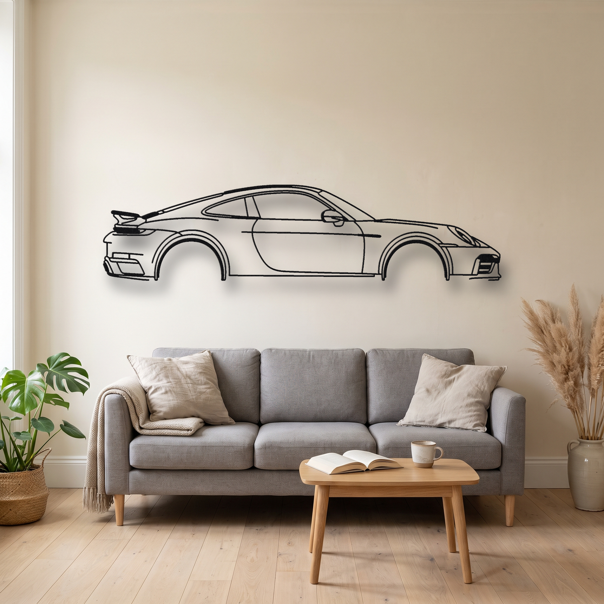 Porsche 911 Turbo S 992 metal wall art silhouette, front view on wall