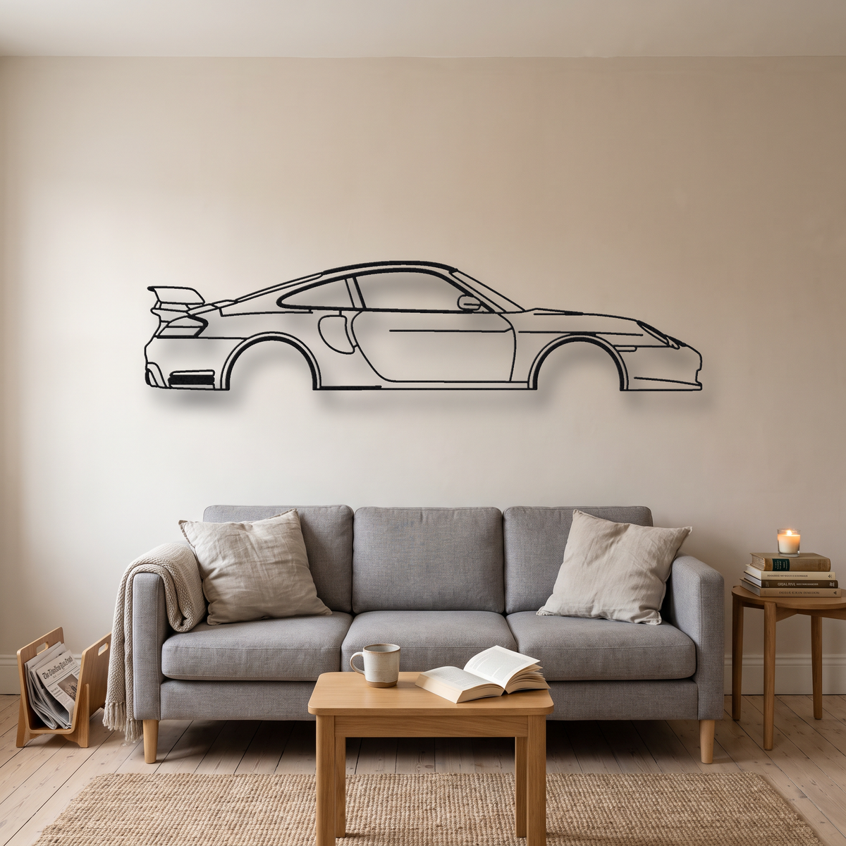 Porsche 911 GT2 996 metal wall art silhouette, front view on wall