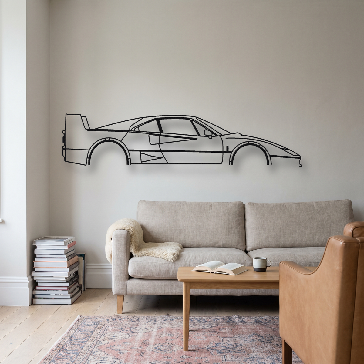 Ferrari F40 metal wall art silhouette, front view on wall