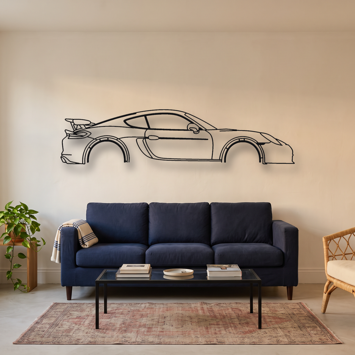 Porsche Cayman GT4 981 metal wall art silhouette, front view on wall