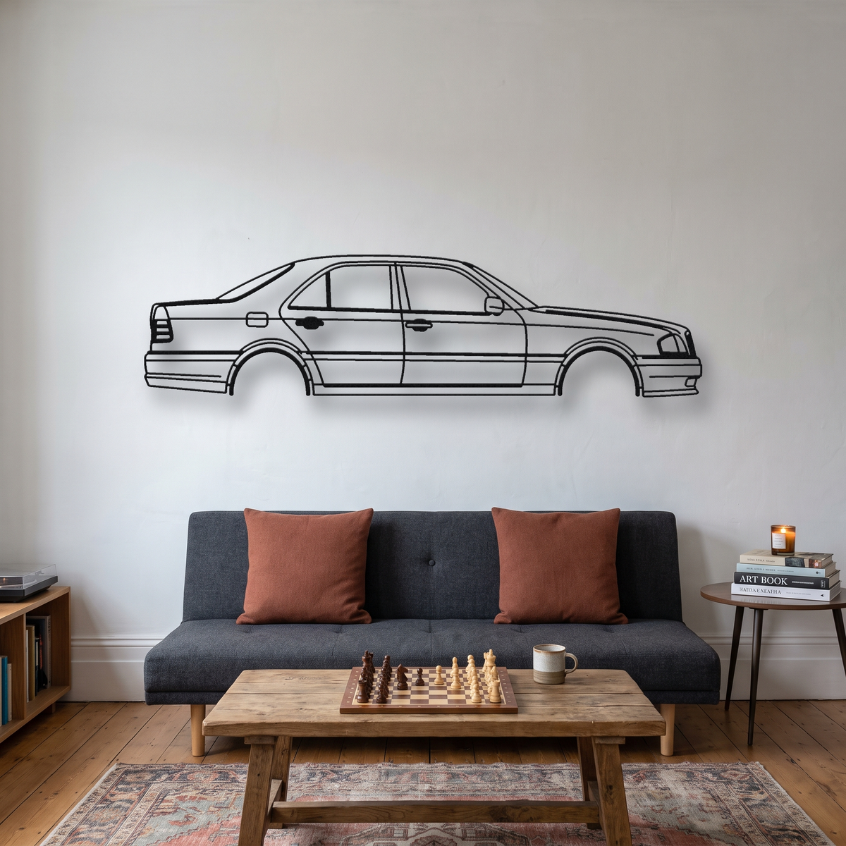 Mercedes-Benz C36 AMG W202 metal wall art silhouette, front view on wall