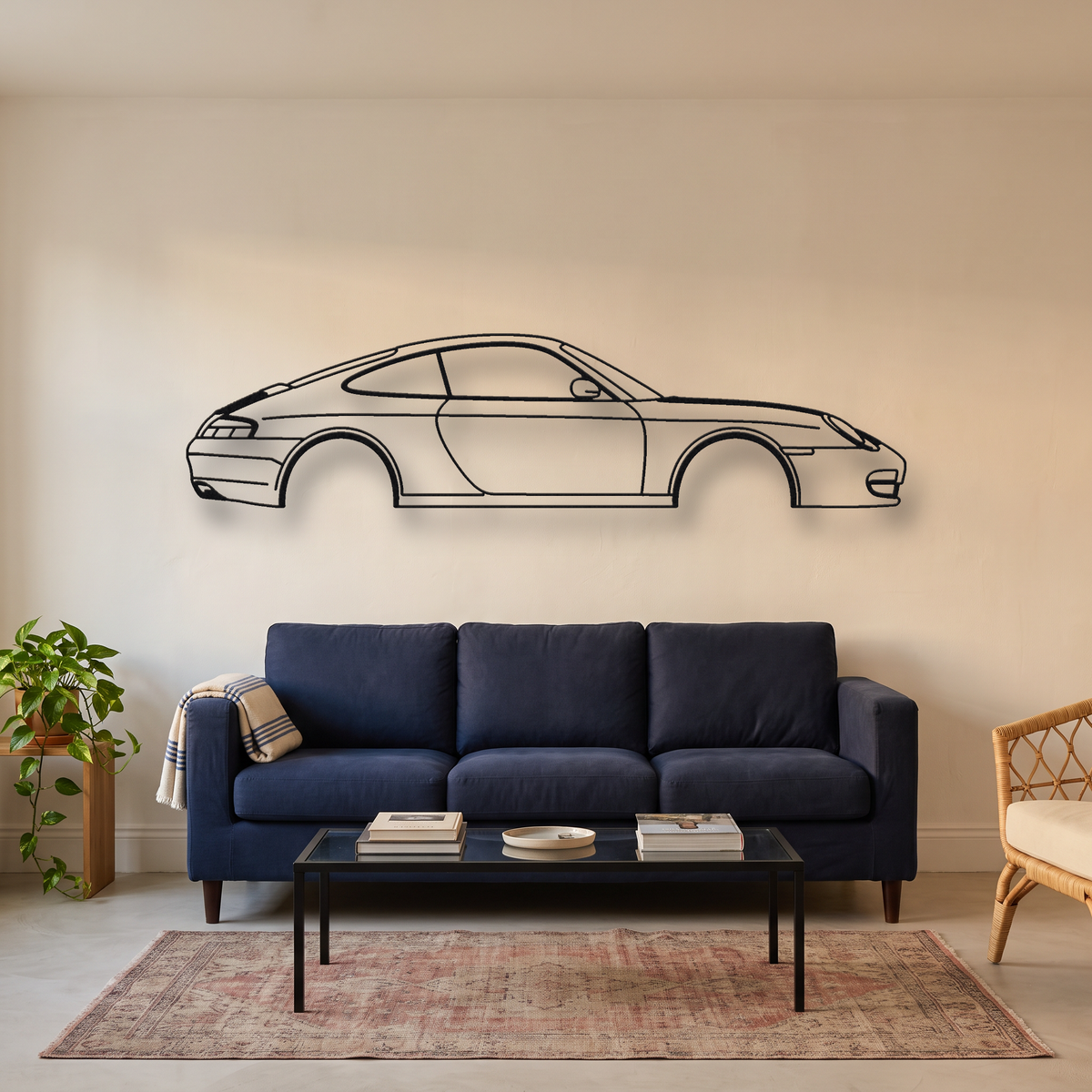 Porsche 911 Carrera 996 metal wall art silhouette, front view on wall