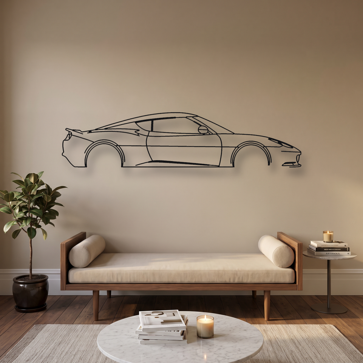 Lotus Evora S metal wall art silhouette, front view on wall