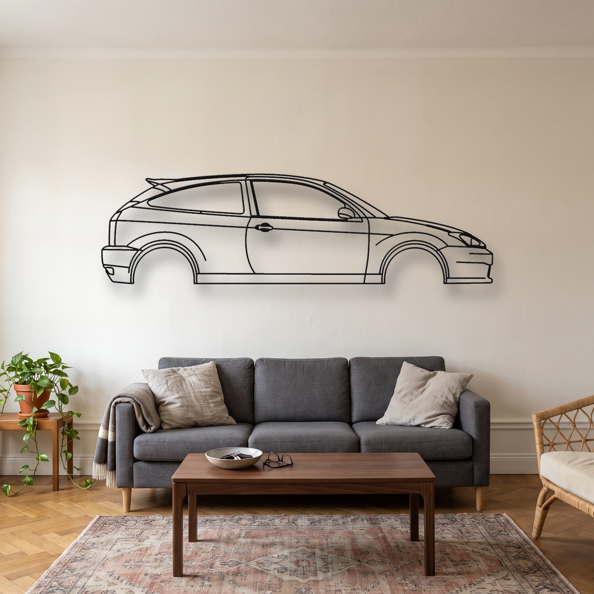 Ford SVT Focus metal wall art silhouette, front view on wall