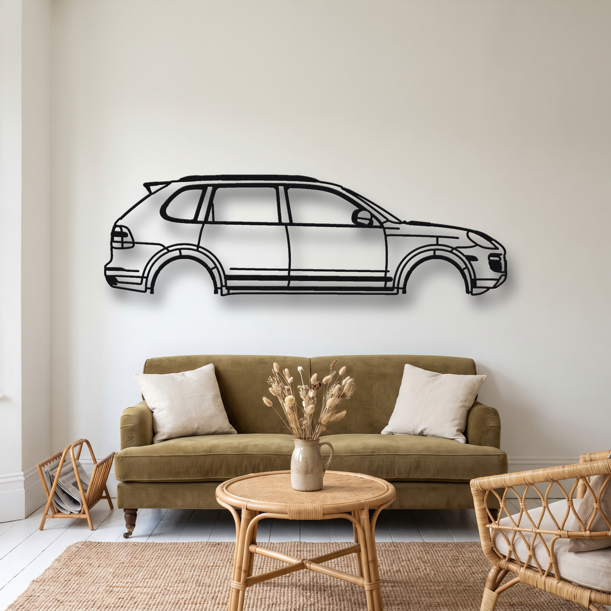 2008-10 Porsche Cayenne Turbo S 957 metal wall art silhouette, front view on wall