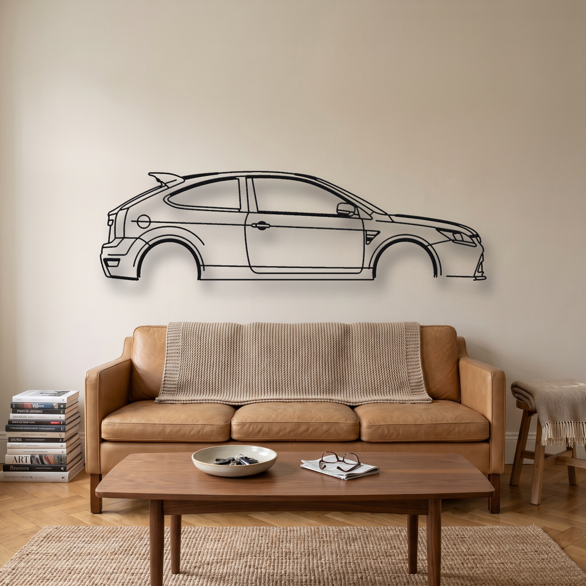 Ford Focus RS MK2 metal wall art silhouette, front view on wall
