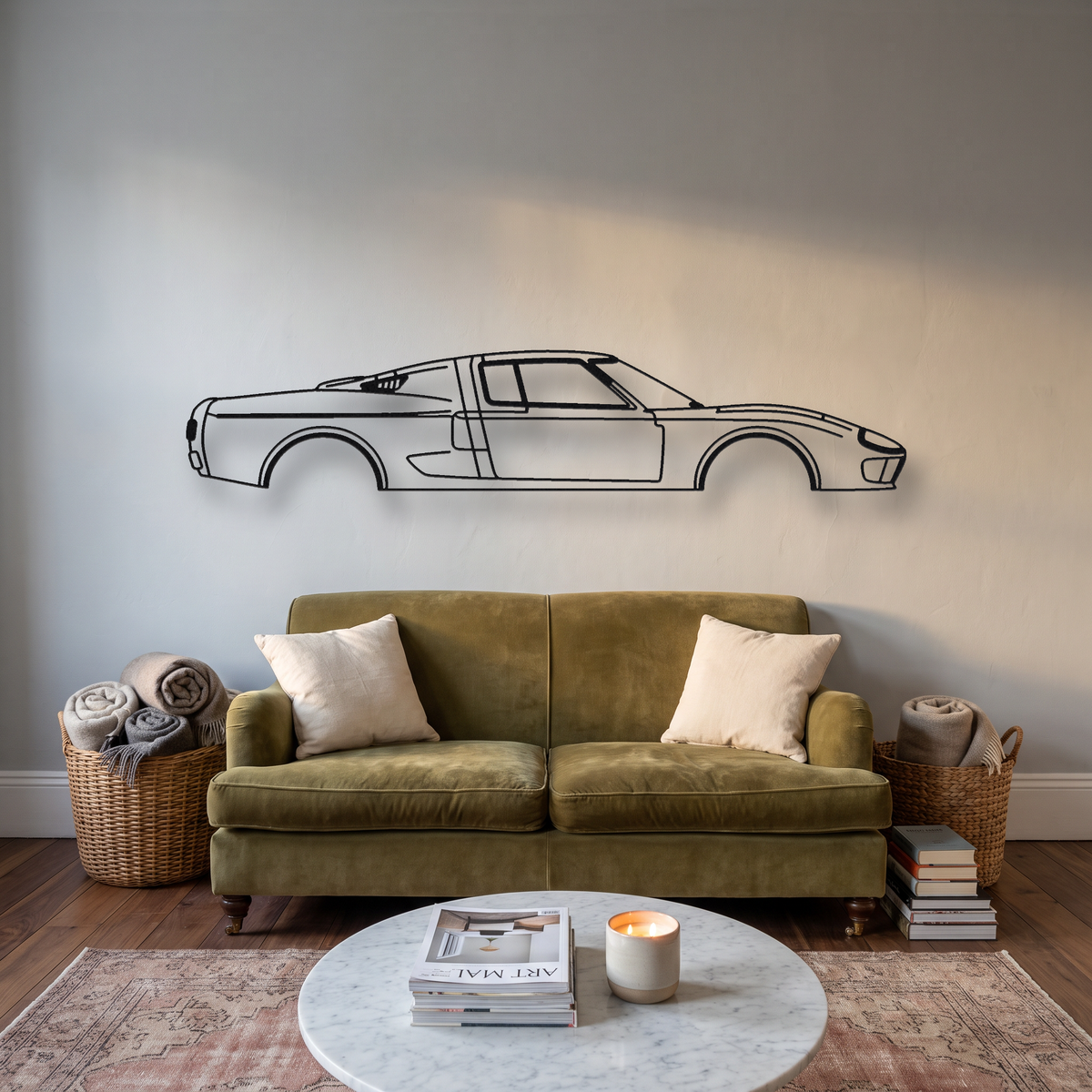 Ford GT40 Mk III metal wall art silhouette, front view on wall