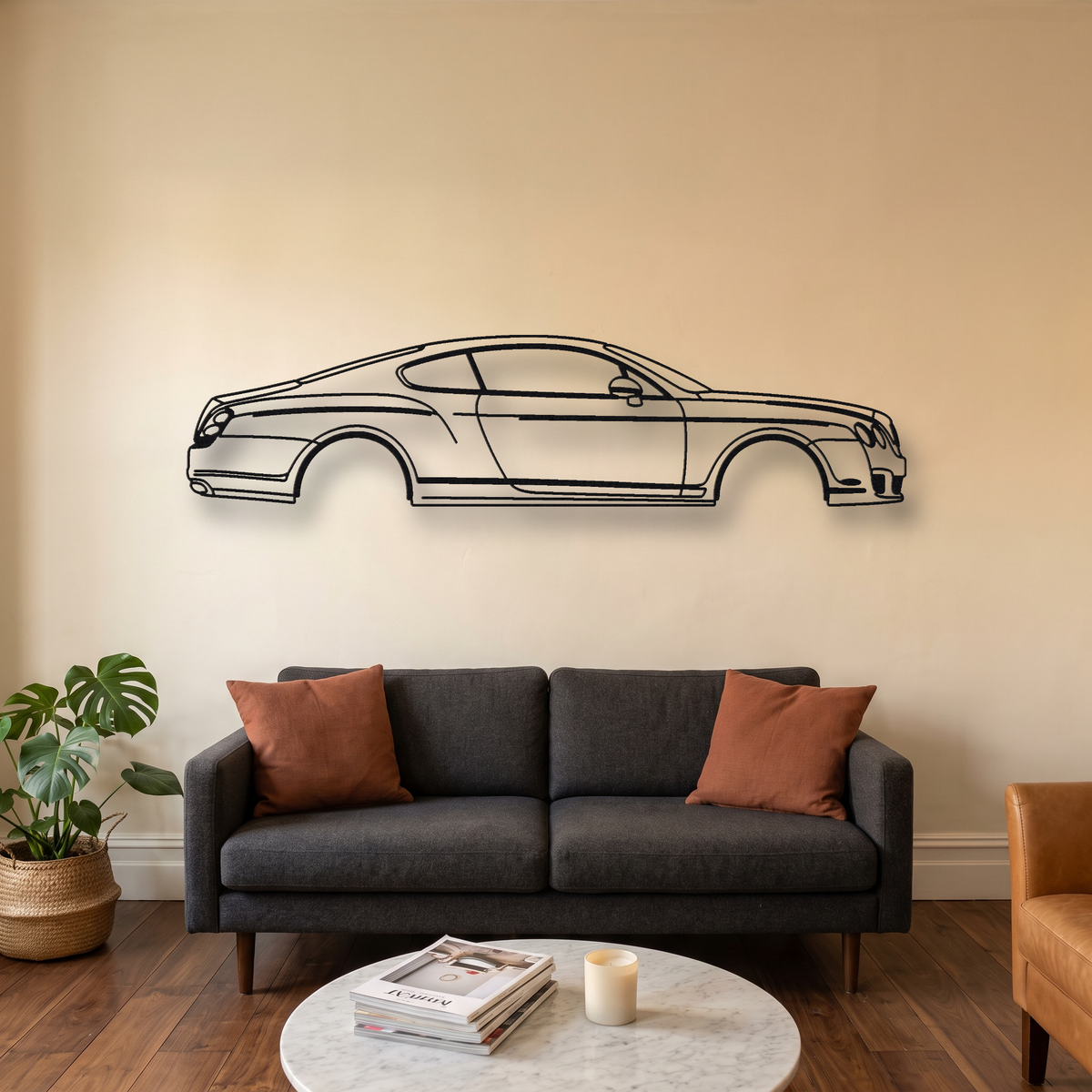 2009-2011 Bentley Continental Supersports metal wall art silhouette, front view on wall