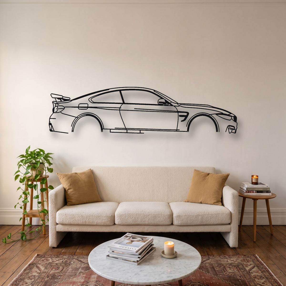 BMW M4 GTS F82 metal wall art silhouette, front view on wall