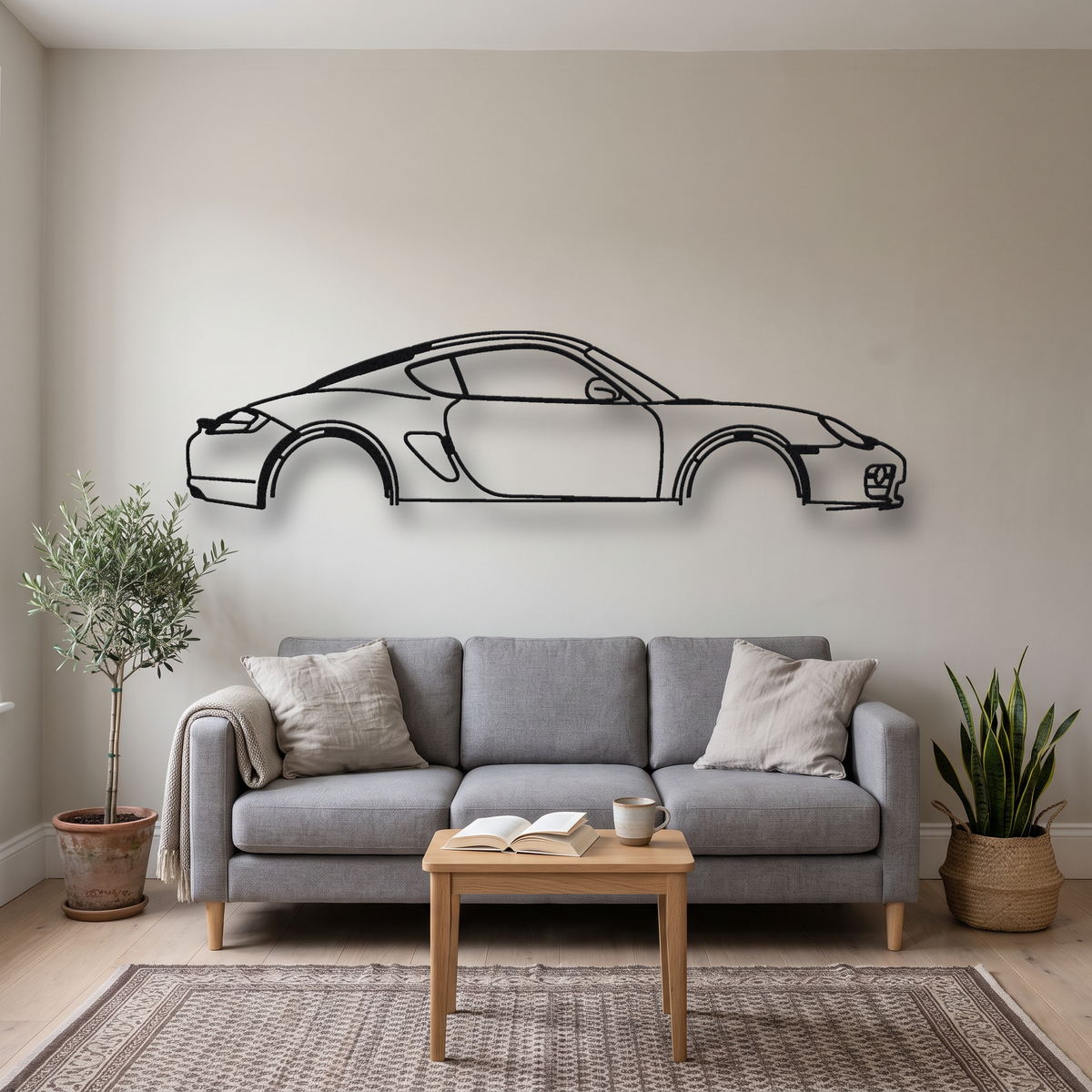 2006-12 Porsche Cayman S 987 metal wall art silhouette, front view on wall