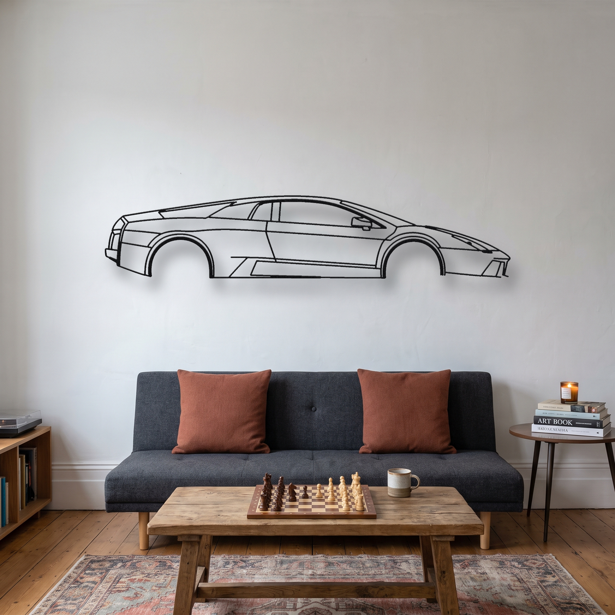 Lamborghini Murciélago metal wall art silhouette, front view on wall