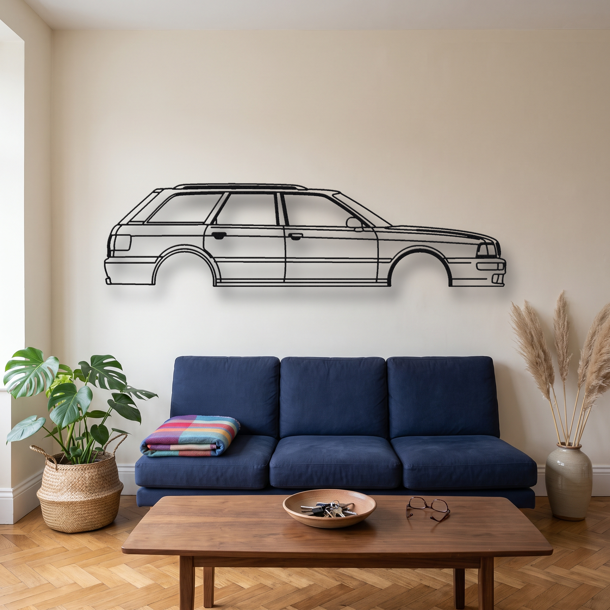 Audi RS2 Avant metal wall art silhouette, front view on wall