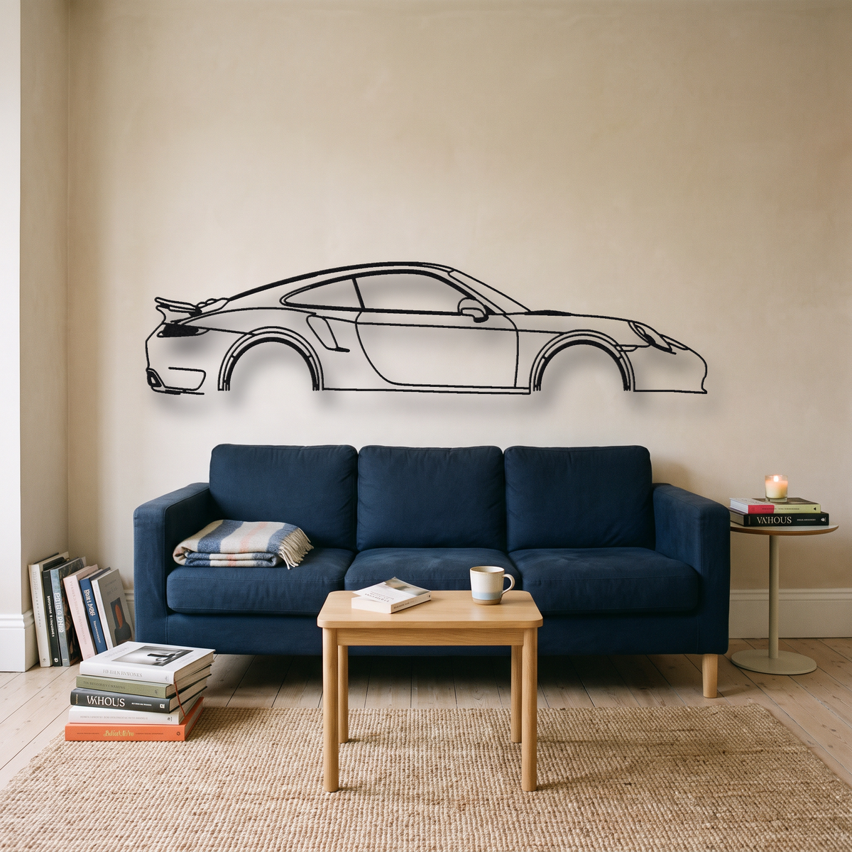 Porsche 911 Turbo S 991 metal wall art silhouette, front view on wall