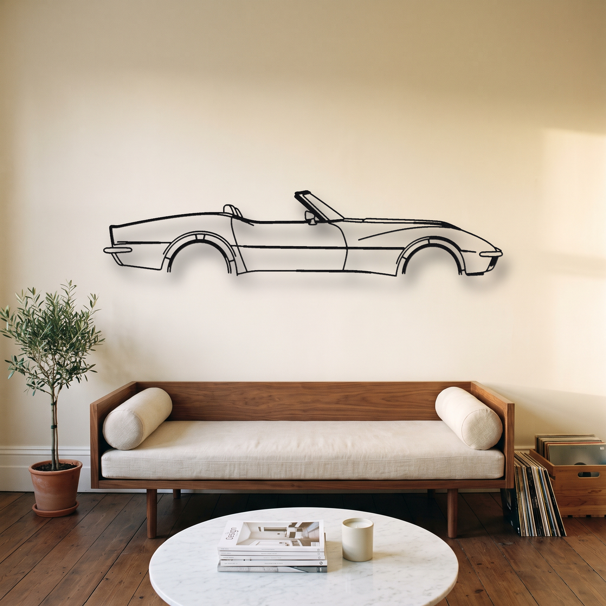 Chevrolet Corvette Convertible C3 metal wall art silhouette, front view on wall
